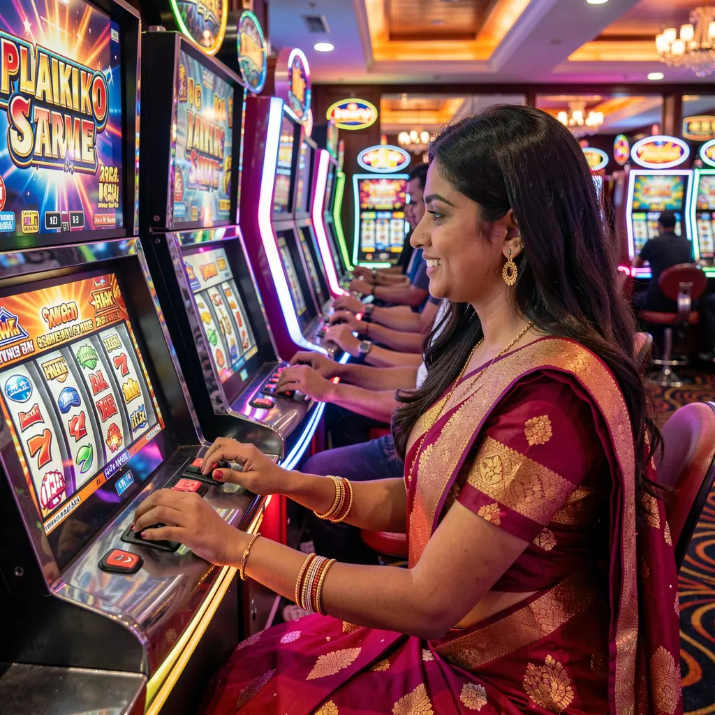 Confident Bangladeshi woman playing a modern slot machine in a vibrant casino atmosphere showcasing the immersive slot experience at 46OK